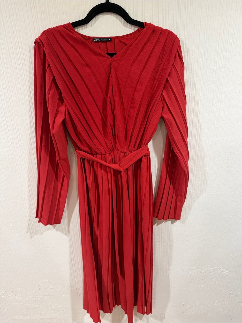 Zara Red Pleated Long-Sleeve Midi Dress with Self-Tie Waist